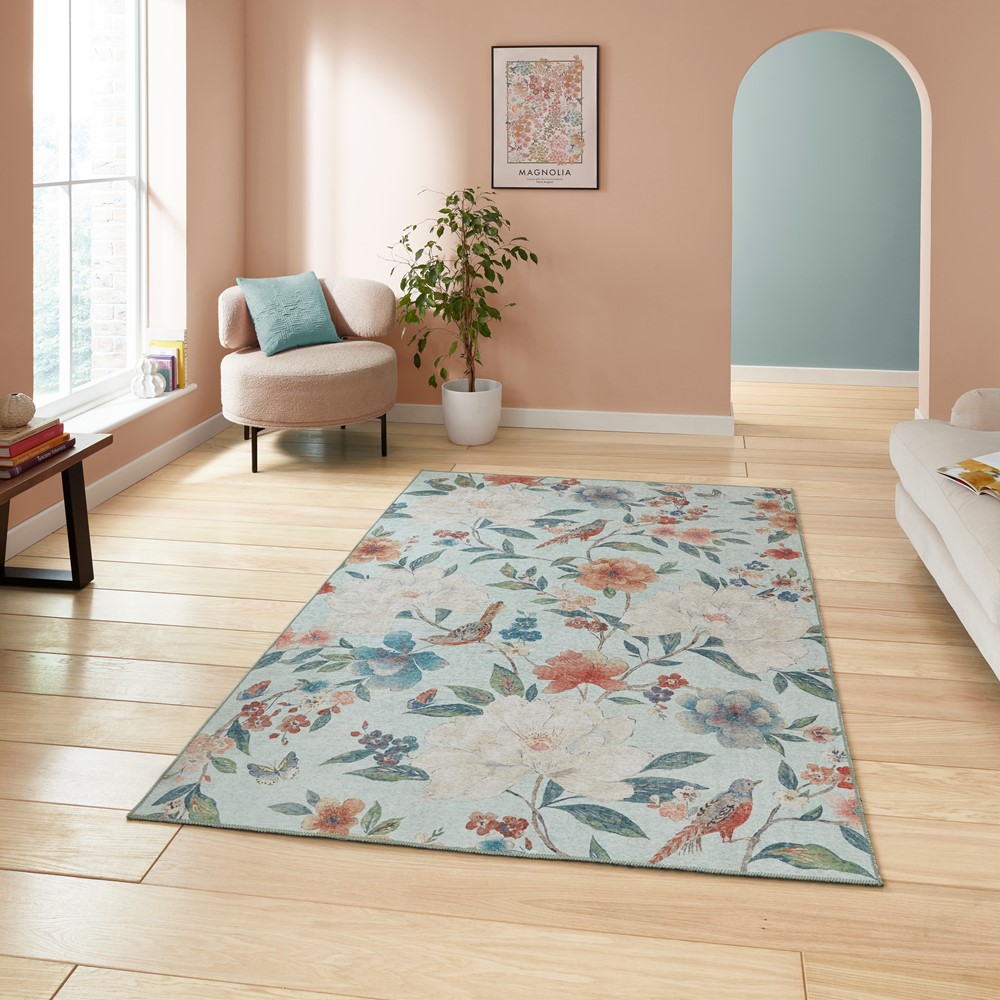 Pipa Floral Washable Rugs by Catherine Lansfield in Blue